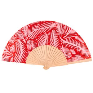 EgotierPro 38059MONTADO - 23 cm Natural Wood Fan, Leaf Design LEAVES Red