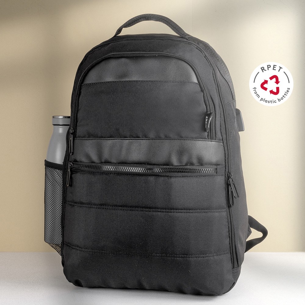 EgotierPro 52081 - RPET Backpack with Padded Laptop Compartment, USB WAY