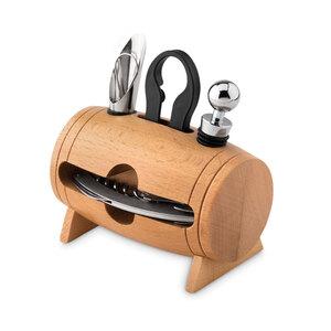 GiftRetail MO9523 - Wooden mini barrel with 4 wine accessories